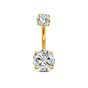 Piercing para ombligo de acero dorado con dos circonitas redondas en engaste de 4 garras