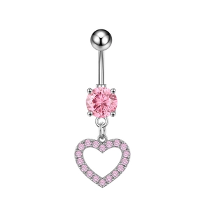 Piercing all'ombelico argento lucido con zircone rosa e ciondolo a cuore cavo