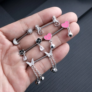 Silver surgical steel nipple ring set with heart, moon and zircon piercing jewelry