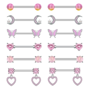 Pink heart zircon and moon star nipple ring set in polished stainless steel for women