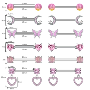 Set of 6 pink heart zircon nipple rings with size annotations for piercing specifications