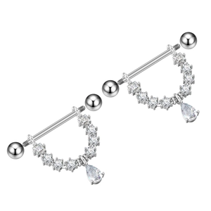 Detail van zilveren tepelbarbells met ster CZ-schild en peervormige hangers van staal