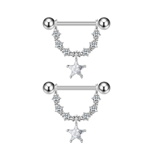Paar tepelpiercings van chirurgisch staal met pentagram ster hangers en zirkonia steentjes