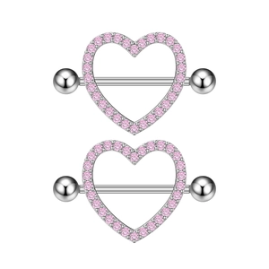 Exquisite silver heart nipple rings set with pink cubic zirconia on white background