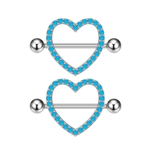 Polished silver heart nipple shields with sparkling light blue zircon stone inlay