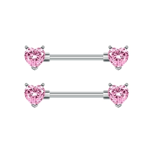 Pair of heart-shaped pink zircon nipple rings with silver stainless steel straight bars