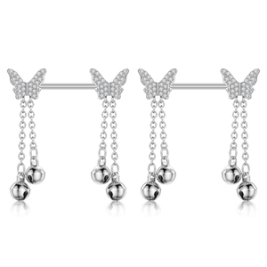 Detail of silver nipple barbells featuring sparkling butterfly studs and dangling bells