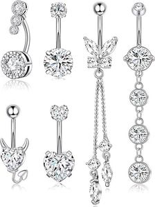 Set van 6 navelpiercings van roestvrij staal met heldere zirkonia in diverse stijlen