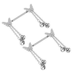 Macro view of silver butterfly zircon nipple rings with dangling chains and bells