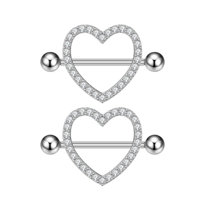 Silver heart nipple rings set with sparkling white zircon stones on white background