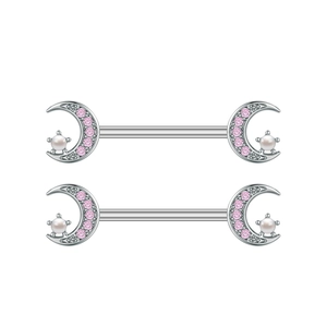 Pink zircon moon and pearl nipple barbells set in polished silver surgical steel
