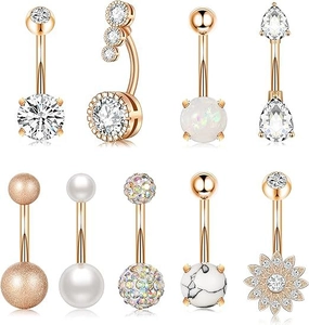 Set van negen roségouden navelpiercings met diverse ontwerpen van zirkoniasteen