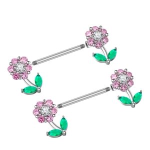 Details von Blumen-Brustwarzenringen mit rosa Zirkonia und grünen Marquise-Blatt-Akzenten