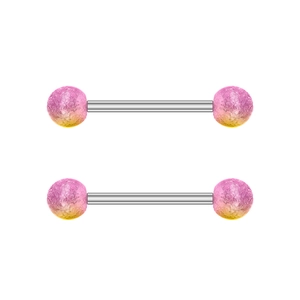 Pink and yellow gradient barbell nipple rings with textured sphere ends in stainless steel
