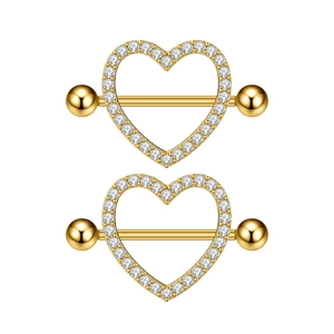 Exquisite golden heart nipple rings set with white zircon stones for body piercing