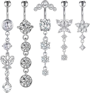 Set van vijf navelpiercings van roestvrij staal met heldere zirkonia-hangers en vlinder