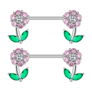 Silberne Brustwarzenringe mit Blumenmotiv aus rosa und weißen Zirkonia und Blättern