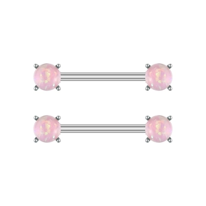 Detailed view of silver surgical steel nipple rings with pink opal four-prong setting