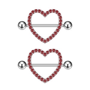 Exquisite heart-shaped nipple rings with red zircon crystals in polished silver setting