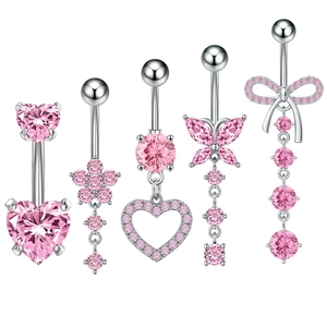 Set van 5 roestvrijstalen navelpiercings met roze zirkoon in bloem- en vlindervormen