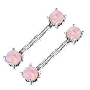 Detail of pink opal nipple ring with high polished stainless steel barbell and claw setting