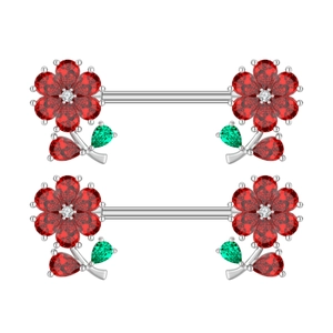 Silberner Brustwarzenring aus Edelstahl mit roter Zirkonblume und grünem Blatt