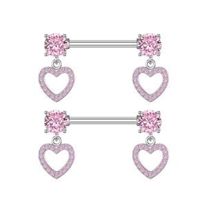 Pair of silver steel barbell nipple rings with pink heart zircon pendants on white background