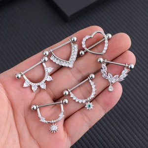 Set of 6 silver stainless steel nipple rings with white and green zircon stone accents