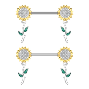 Detailansicht von Sonnenblumen-Brustpiercings mit grünen Emaille-Blättern und Zirkonia