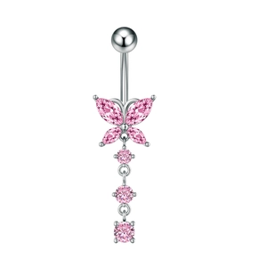 Piercing de ombligo en acero inoxidable con mariposa de circón rosa y piedras colgantes brillantes