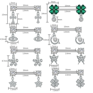 Detailed size chart for stainless steel nipple rings with zircon charms like heart and clover
