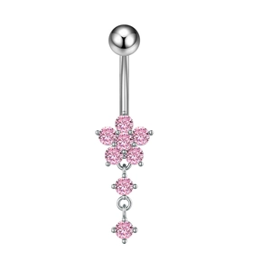 Navelpiercing met roze zirkonia bloem en gepolijst chirurgisch staal gebogen staaf