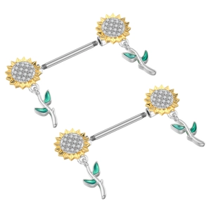 Nahaufnahme von Sonnenblumen-Brustpiercings mit Zirkonia und grünen Emaille-Blättern