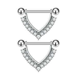 Pair of silver stainless steel nipple rings with V-shape sparkling zircon dangle drops