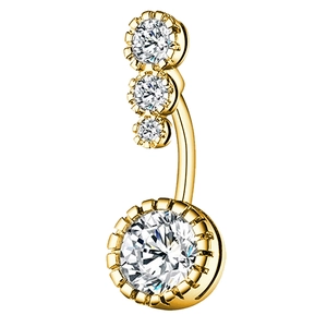Classic gold stainless steel belly button ring featuring four vertical round cubic zirconia
