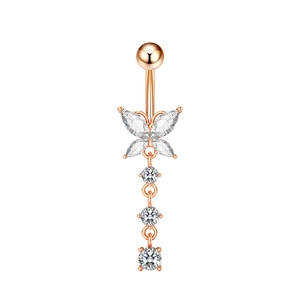 Piercing de ombligo en oro rosa con mariposa de circón y tres piedras colgantes