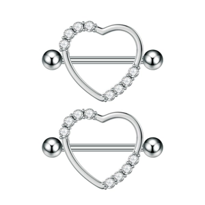 Pair of heart-shaped stainless steel nipple rings with sparkling cubic zirconia crystals