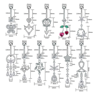 Vari piercing all'ombelico in acciaio inossidabile con zirconi e dimensioni dettagliate