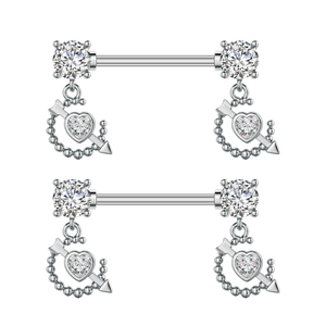 Cupid arrow heart nipple rings with polished stainless steel and cubic zirconia stones