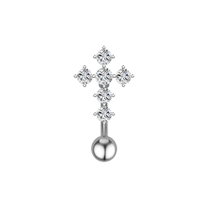 Piercing de nombril en acier avec croix sertie de zircons et tige incurvée argentée
