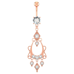 Rose gold heart belly button ring with sparkling white zircon drops in a vintage design