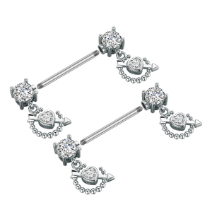 Polished stainless steel nipple piercings featuring a heart and arrow zircon pendant