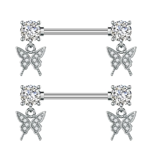 Detail of stainless steel butterfly nipple rings with cubic zirconia and micro-pave stones