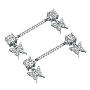 Polished silver nipple rings featuring sparkling cubic zirconia studs and butterfly pendants