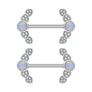 Par de piercings para pezón de acero inoxidable con circonitas de corazón y piedra de ópalo