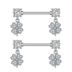 Detailed close-up of stainless steel nipple rings with zircon clover charms