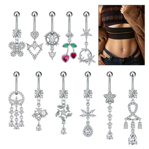 Set di 11 piercing all'ombelico in acciaio inossidabile con zirconi cuore ciliegia e farfalla