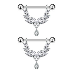 Macro shot of silver zircon nipple rings with leaf design and teardrop crystal pendant