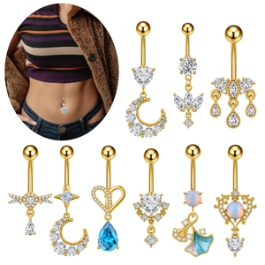 9-delige set gouden navelpiercings van roestvrij staal met zirkoon, opaal en hangers