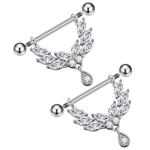 Macro detail of silver nipple rings with marquise zirconia leaves and teardrop charms